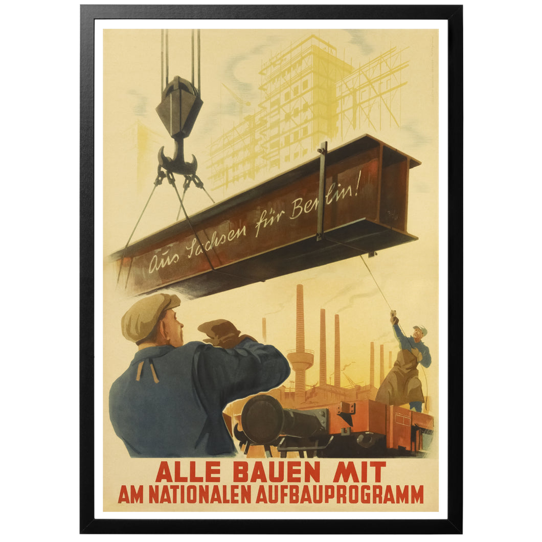 Everyone is involved in the national development program vintage poster with frame
