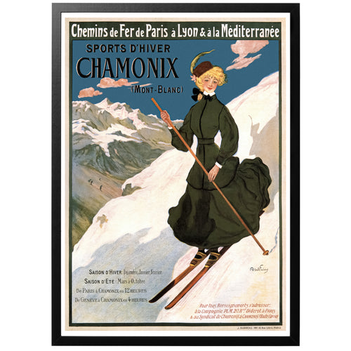 Chamonix winter sports vintage poster with frame