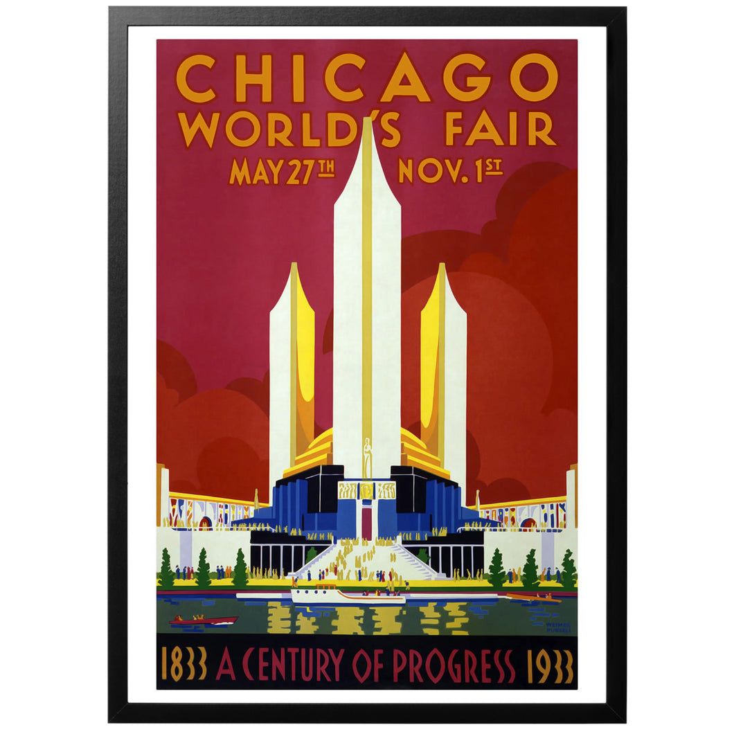 Chicago world's fair vintage travel poster with frame