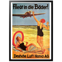 Load image into Gallery viewer, Fly to the baths vintage aviation poster with frame
